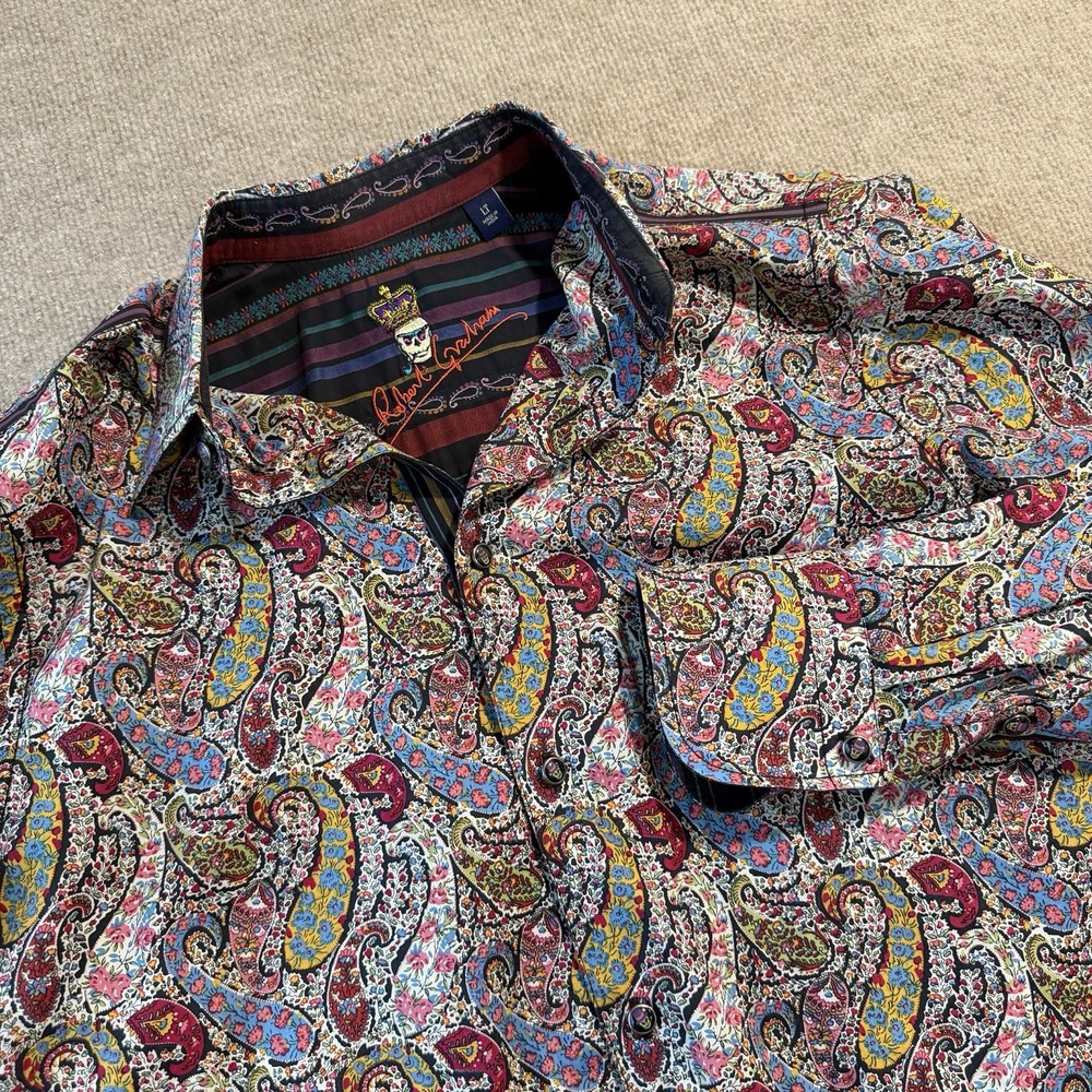 ROBERT GRAHAM - GLASS SKULL‎ BUTTONS / PAISLEY Embroidered Back Size Large Tall